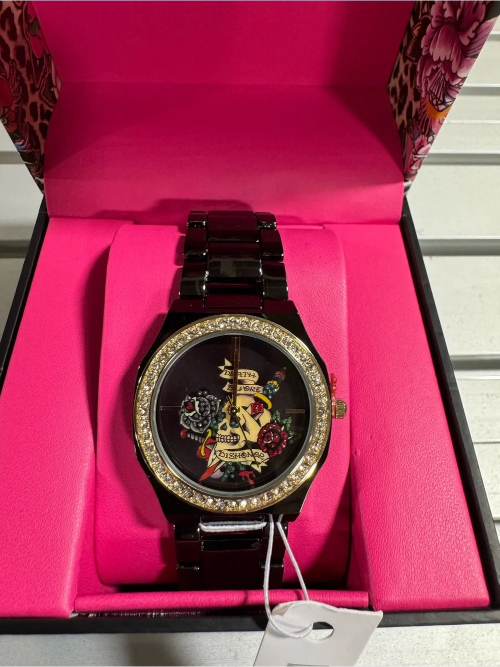Ed Hardy Women’s Black Steel Quartz Skull Dial Watch